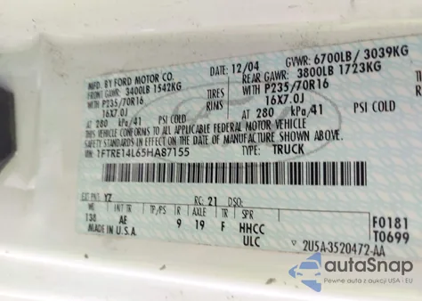 2005 Ford E-150 Commercial/Recreational из США, поврежденный, VIN 1FTRE14L65HA87155